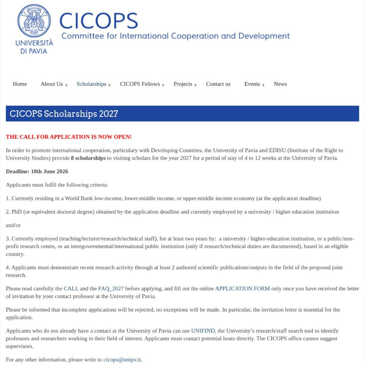 cicops scholarship italy